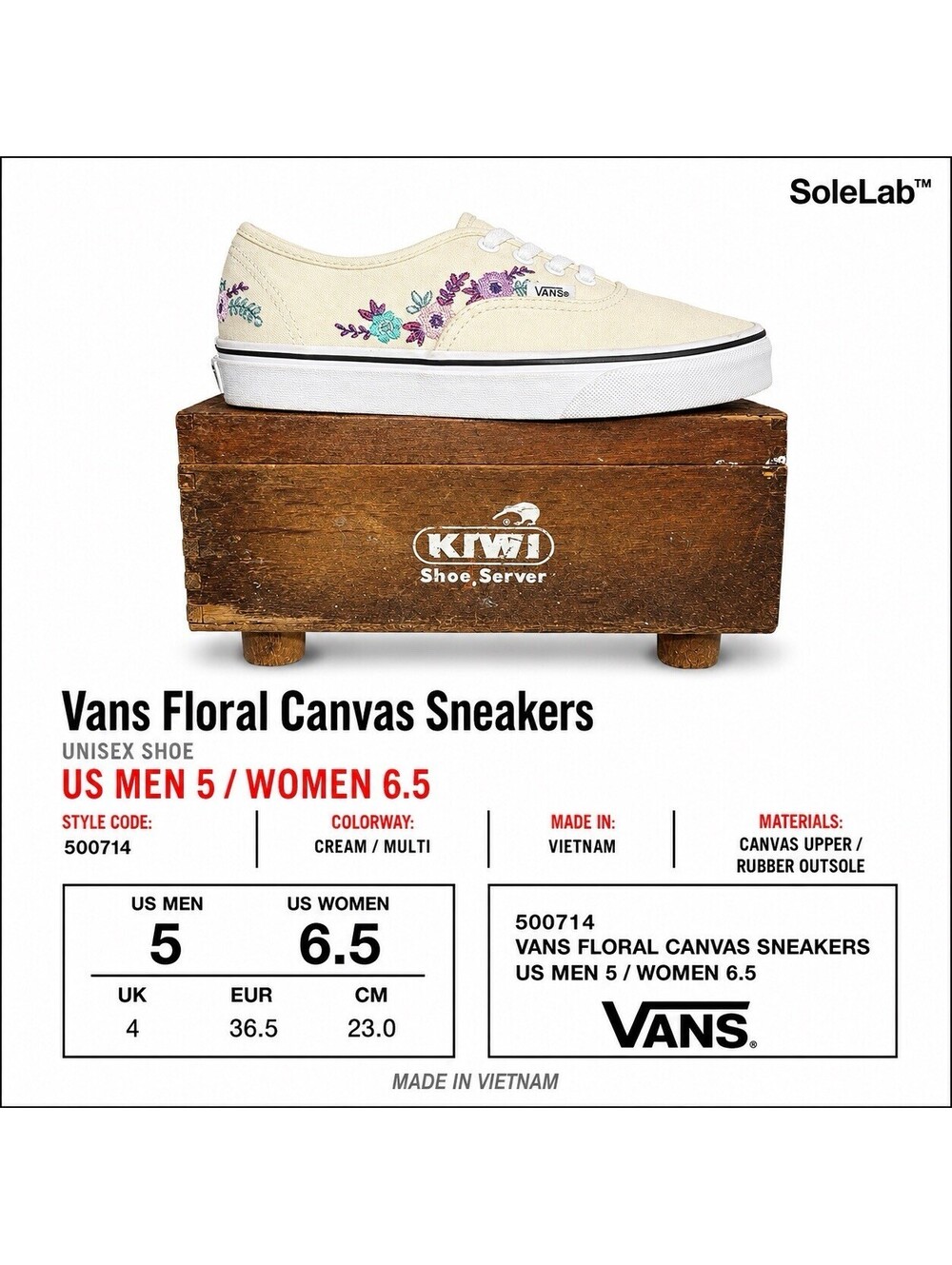 Vans Authentic Floral Embroidery Women’s 6.5 Men’s 5 Cream Sneakers 500714